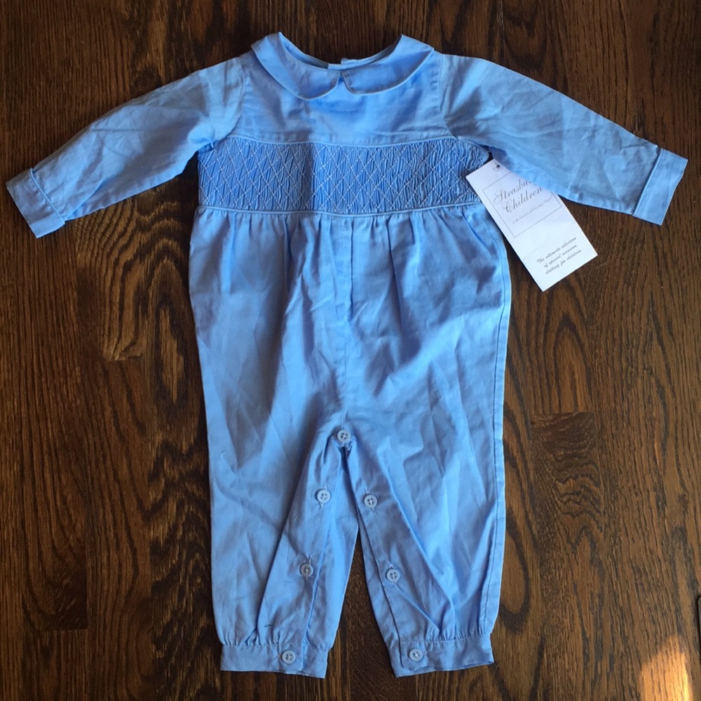 Strasburg Sky Blue Smocked 1 Pc Bubble Outfit 6M
